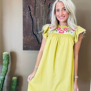 THML Yellow Dress with Pink Floral Embroidery